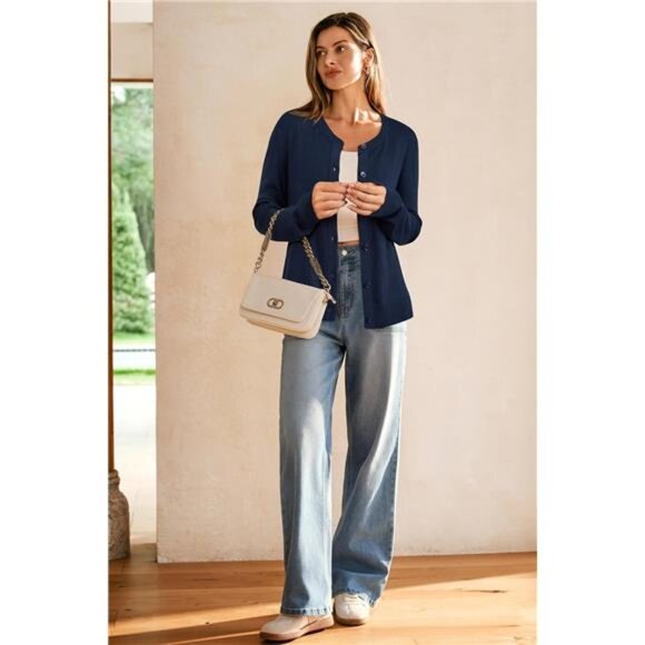 Women's Wool Blended Cardigan Sweaters Lightweight Navy Blue - Picture 6 of 7